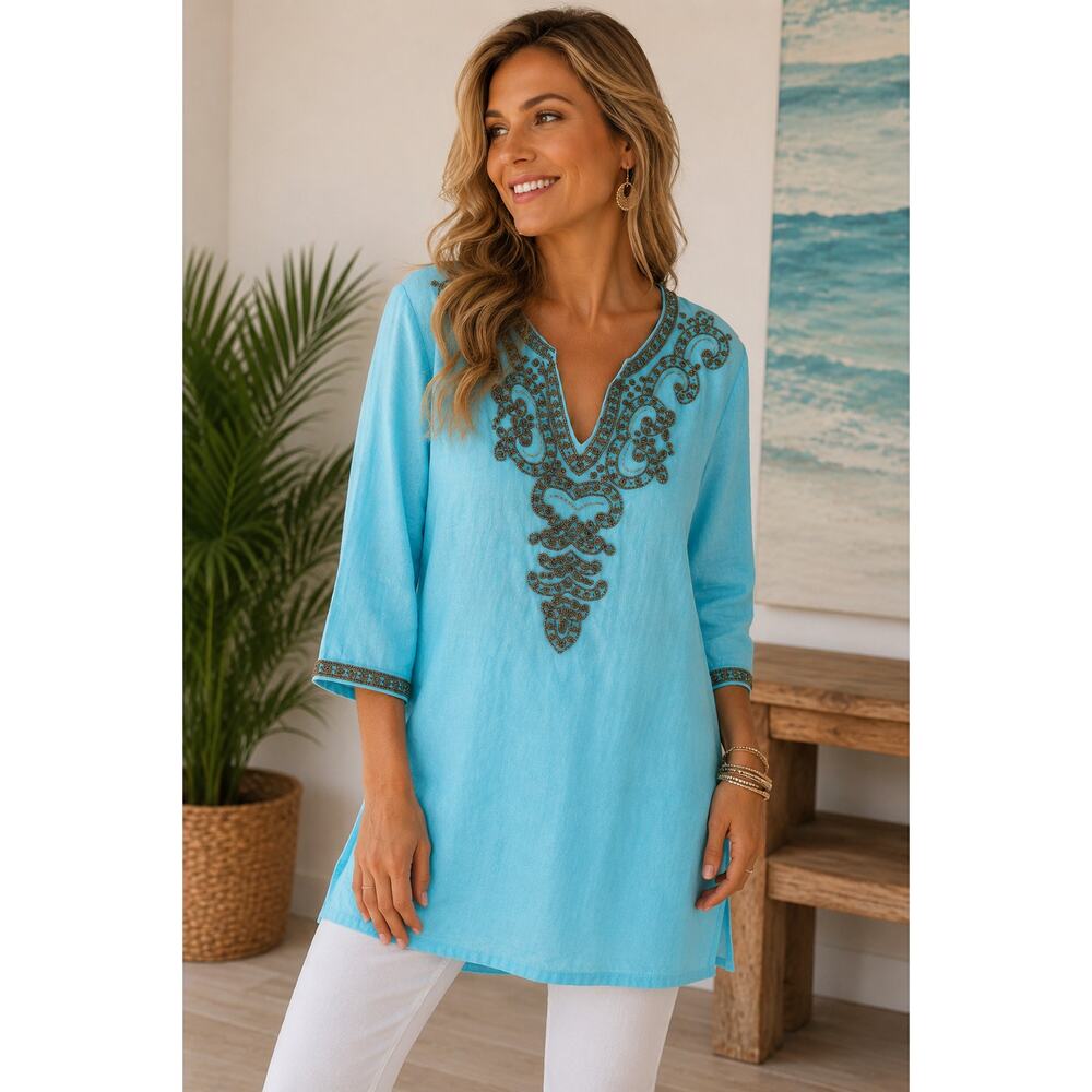 Chico’s 100% Linen Beaded Tunic Top Aqua Blue Size 3 Long Sleeve Boho